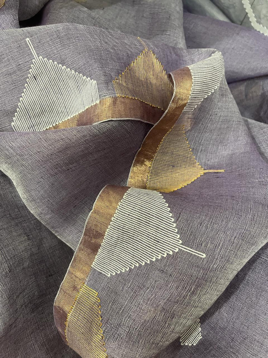 Lavender colour half silk & half linen temple border handwoven jamdani saree - Tamal Boutique