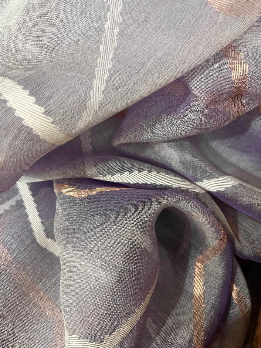 Lavender colour half silk & half linen temple border handwoven jamdani saree - Tamal Boutique