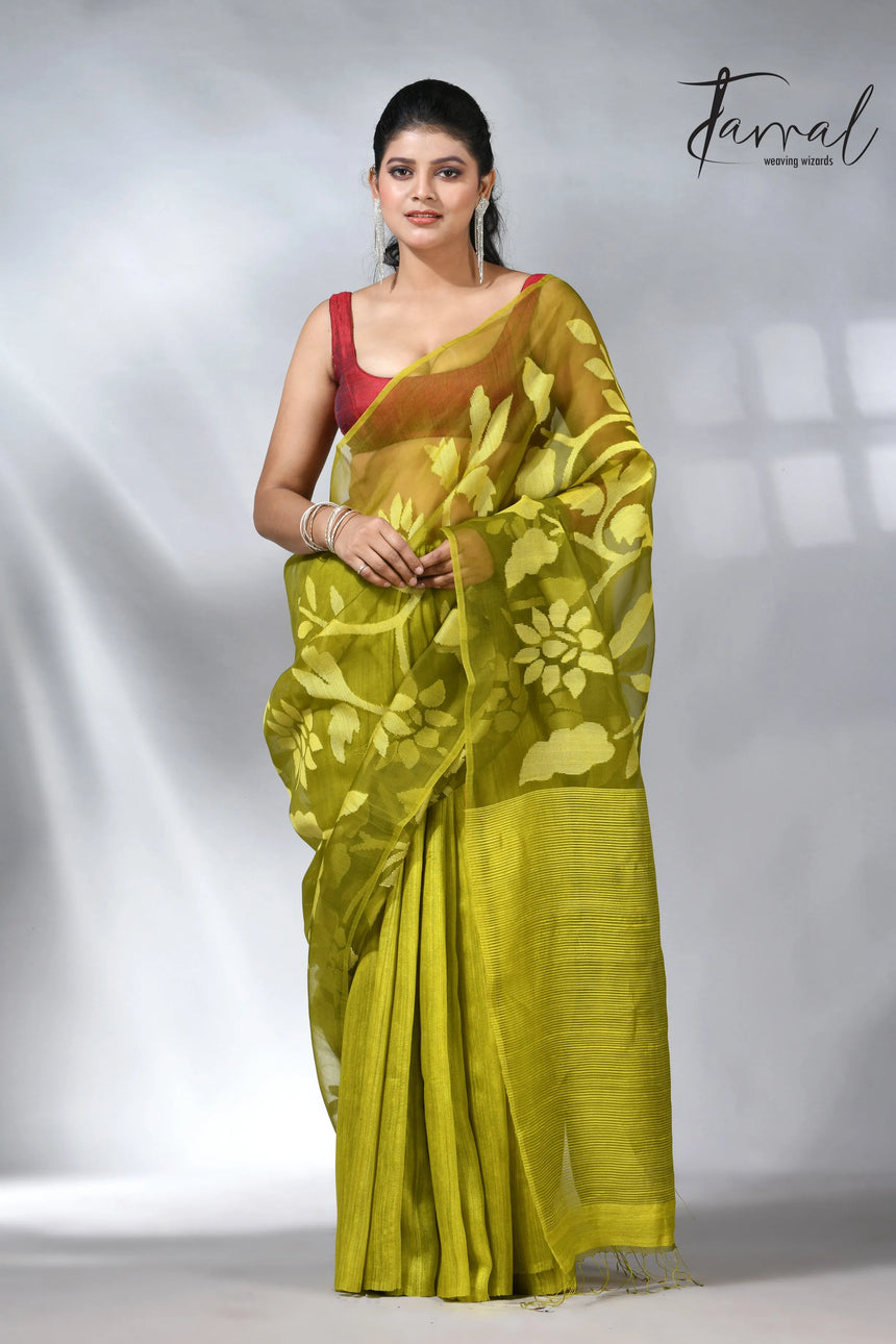 Lemon Green half & matka muslin silk handwoven jamdani saree