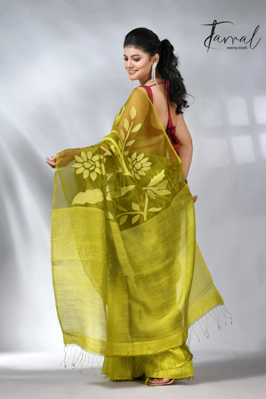Lemon Green half & matka muslin silk handwoven jamdani saree