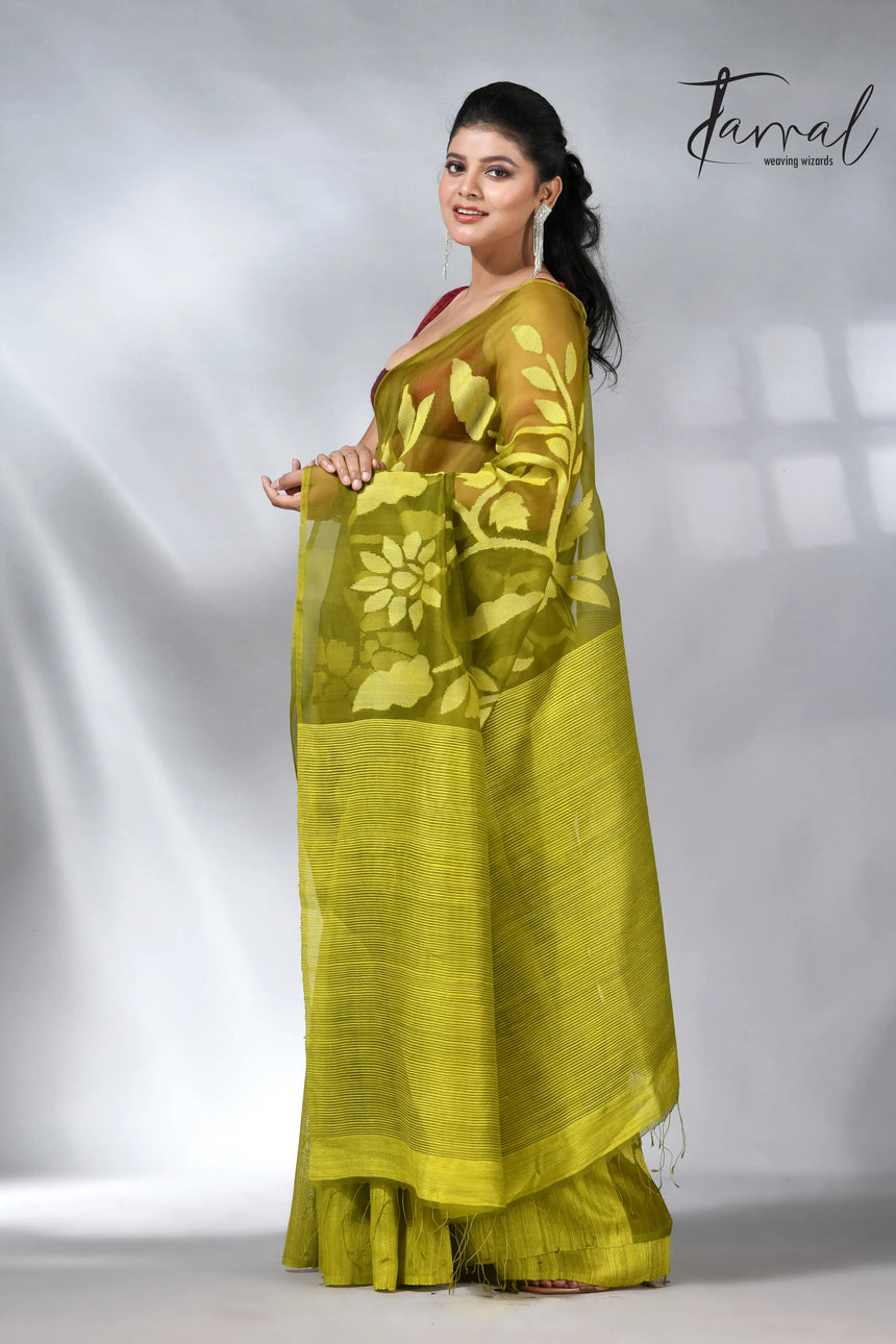 Lemon Green half & matka muslin silk handwoven jamdani saree