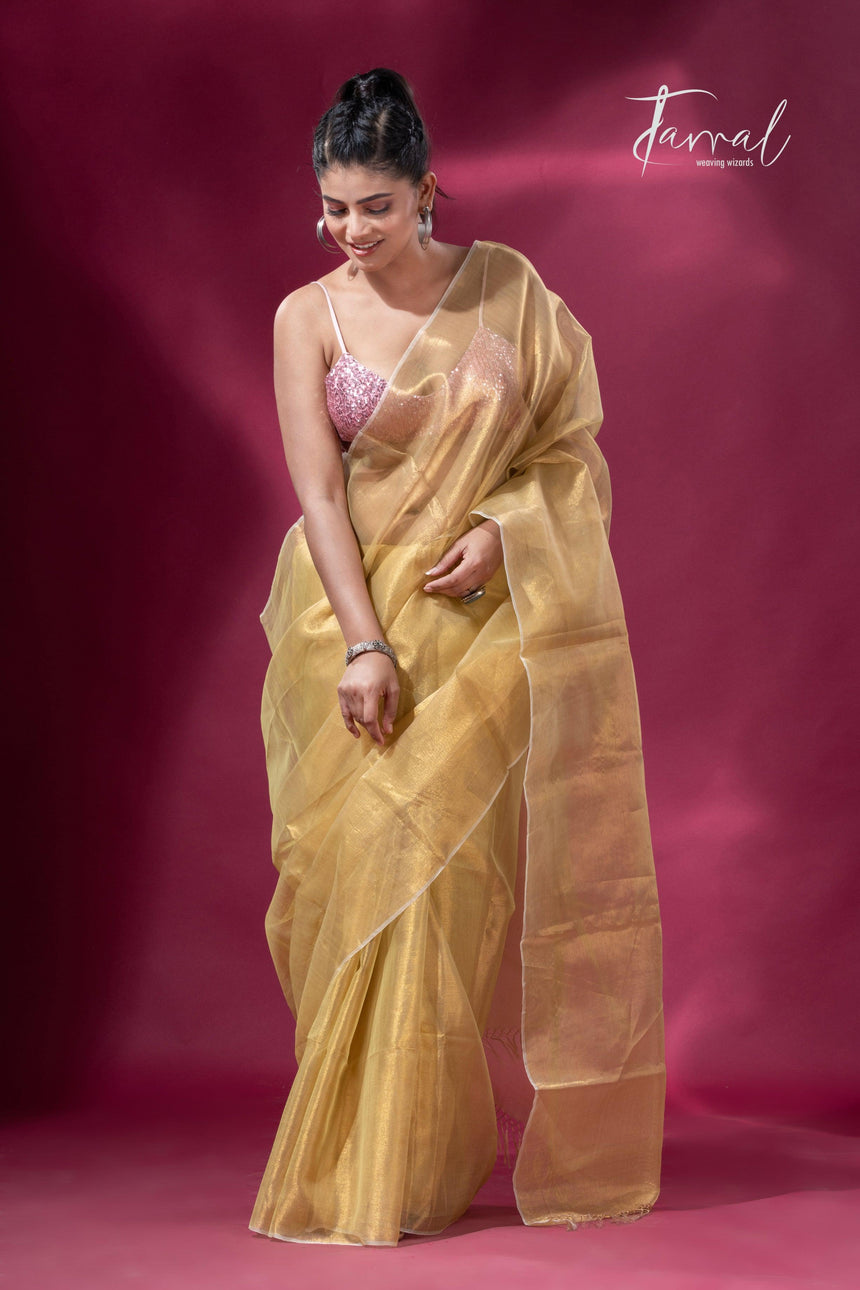 Lemon yellow organza silk tissue handloom saree - Tamal Boutique