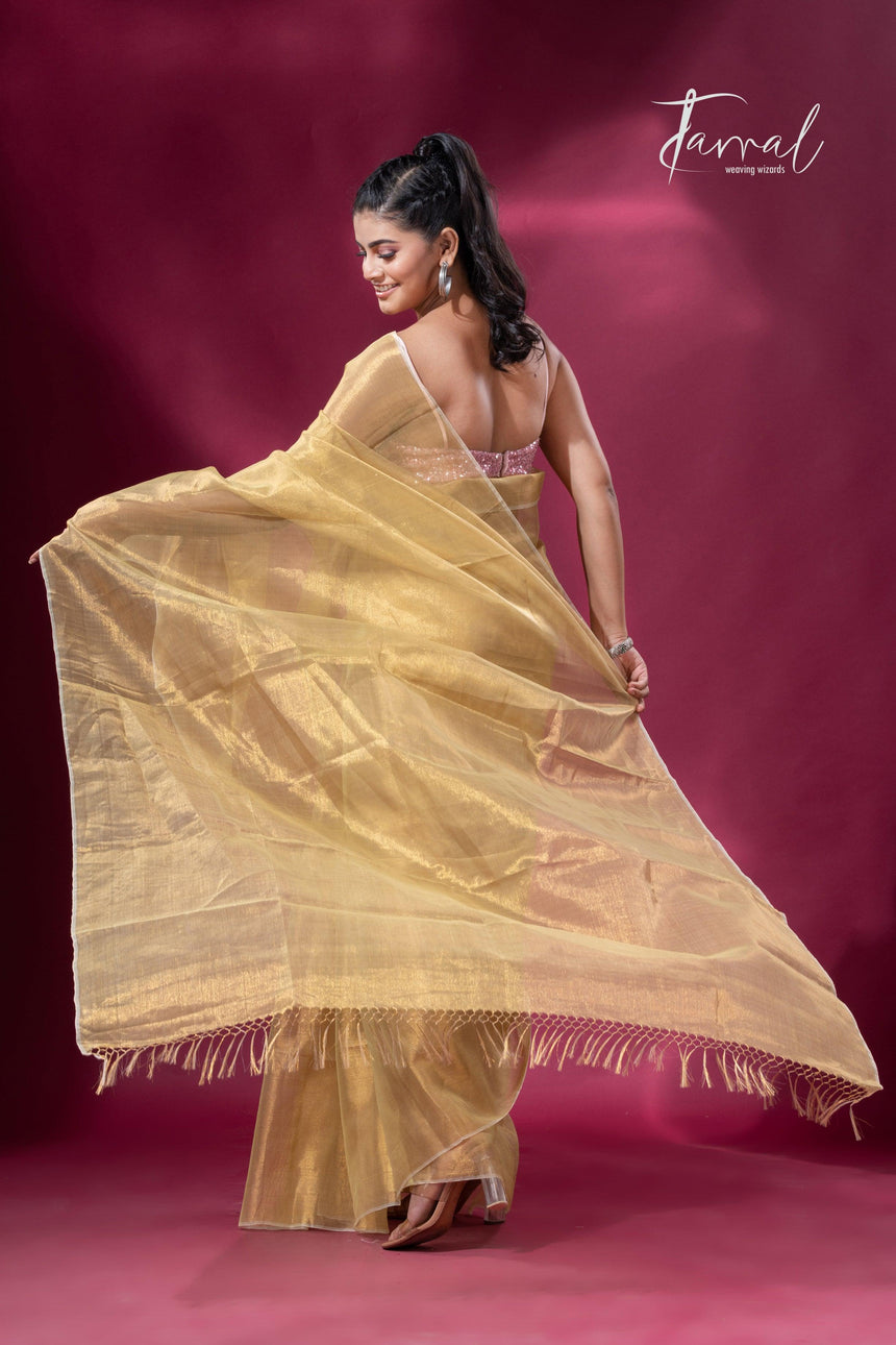 Lemon yellow organza silk tissue handloom saree - Tamal Boutique