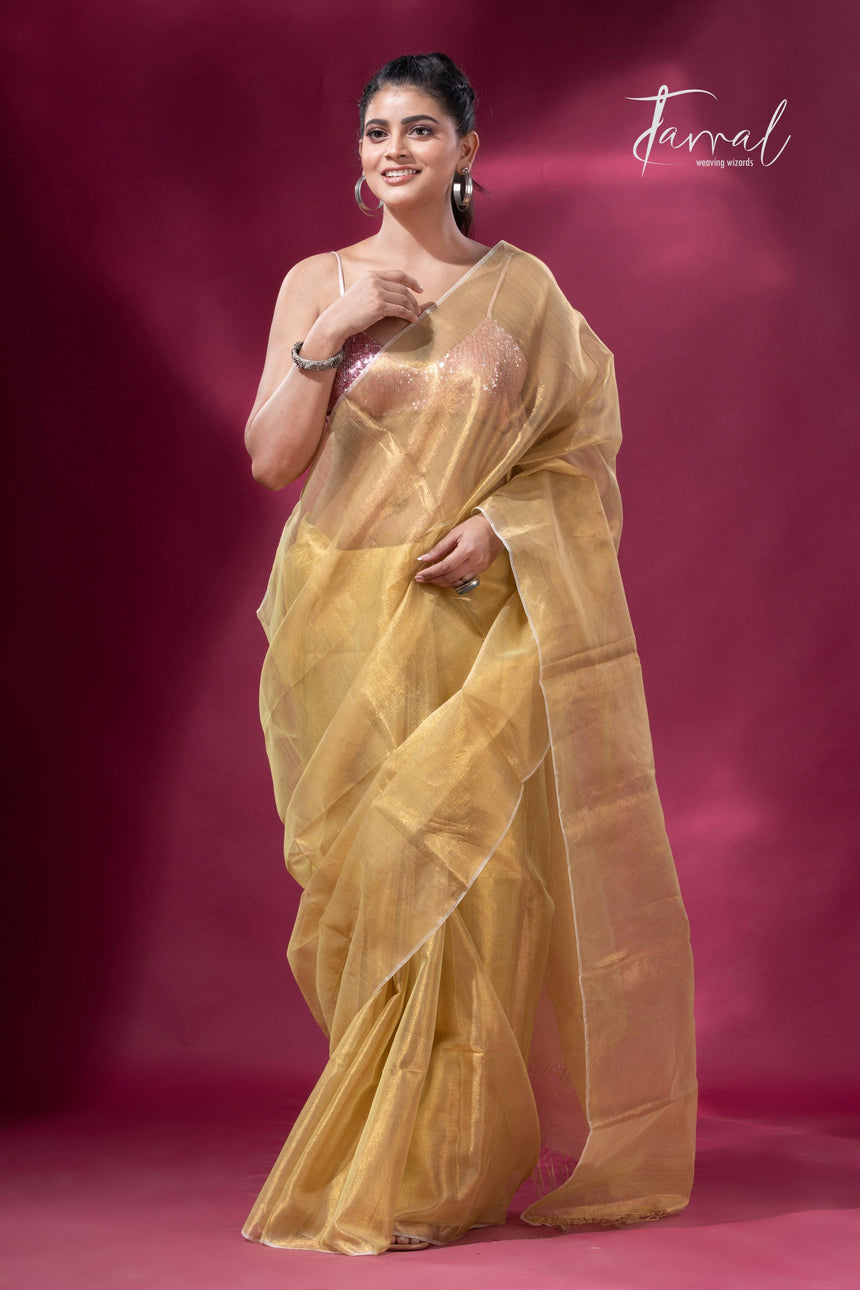 Lemon yellow organza silk tissue handloom saree - Tamal Boutique