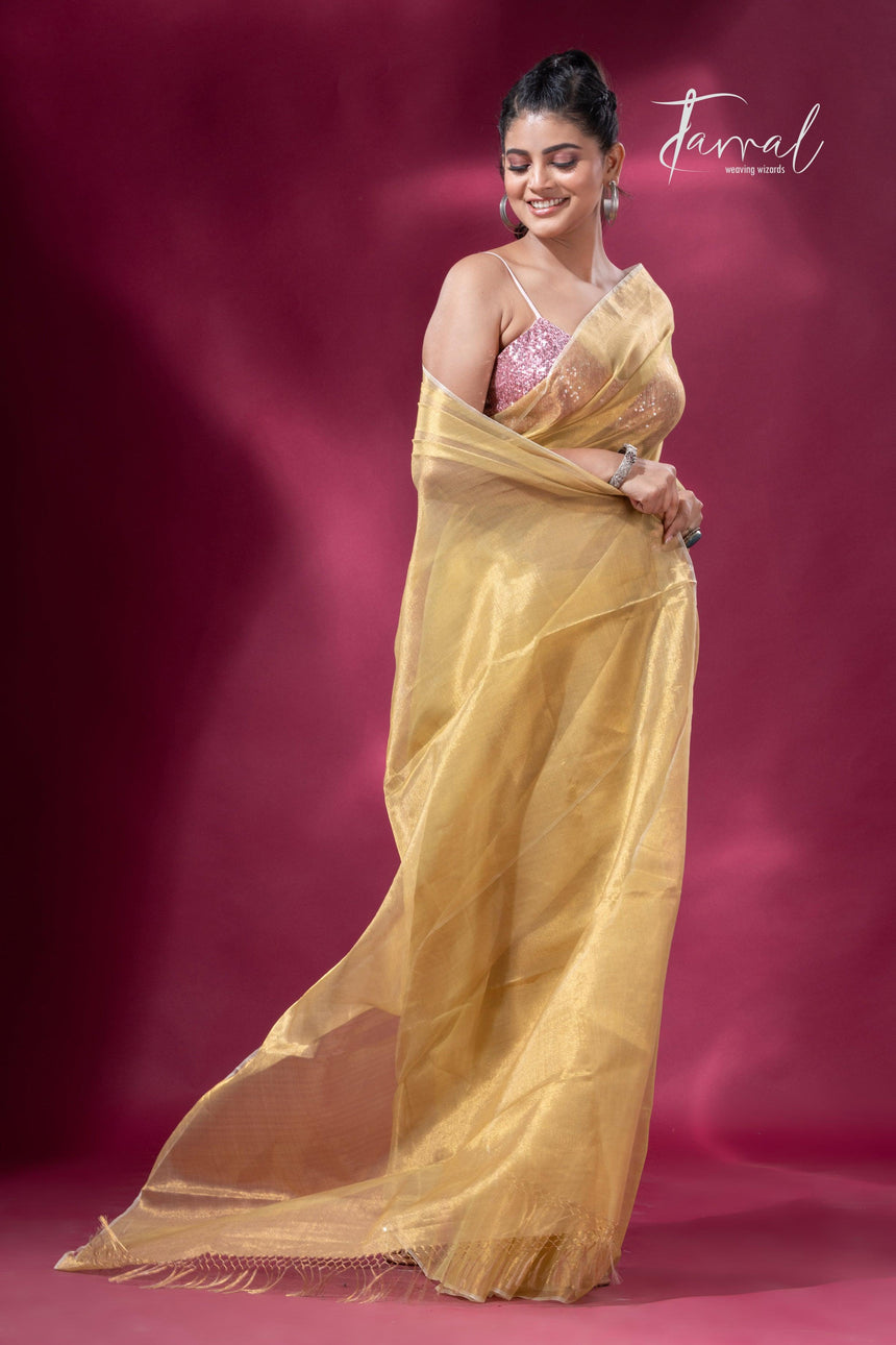 Lemon yellow organza silk tissue handloom saree - Tamal Boutique