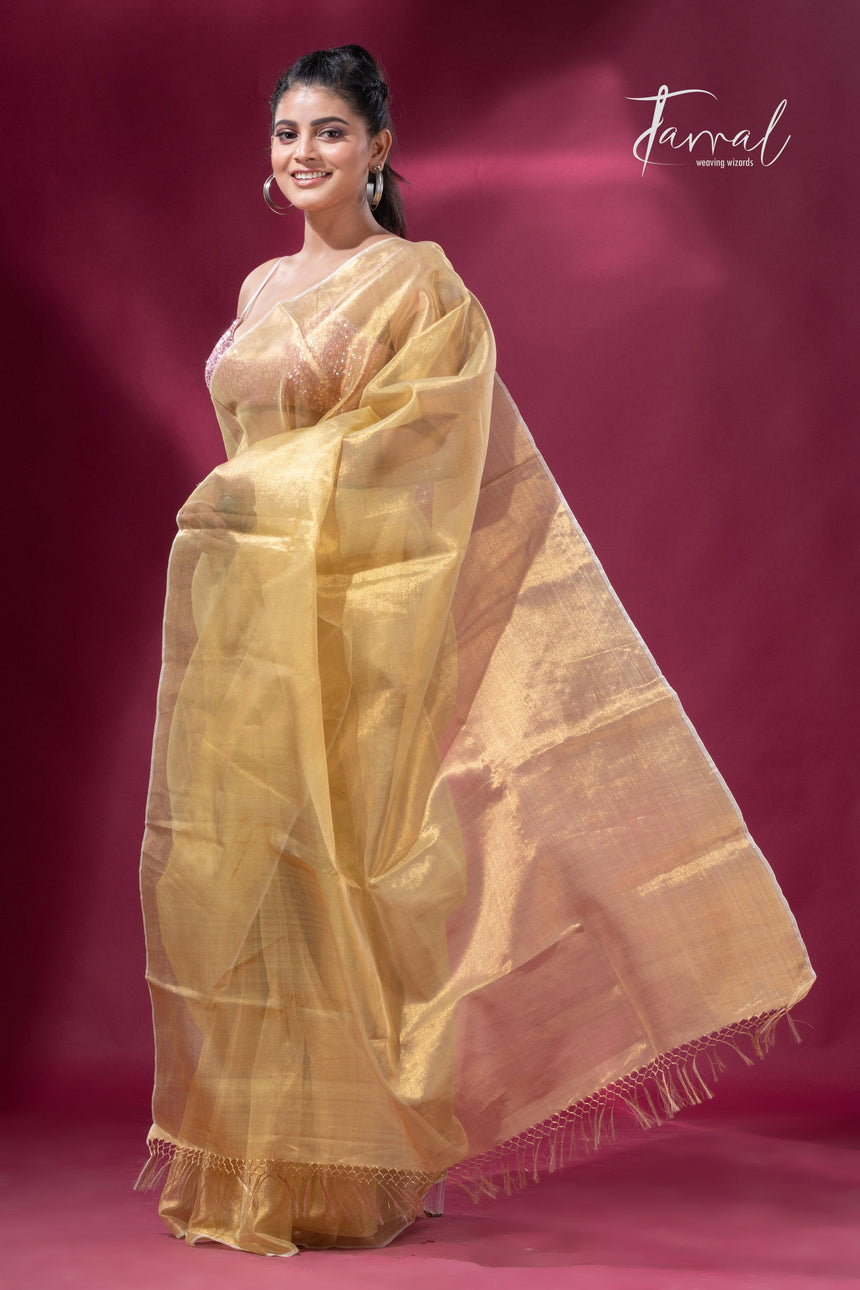 Lemon yellow organza silk tissue handloom saree - Tamal Boutique
