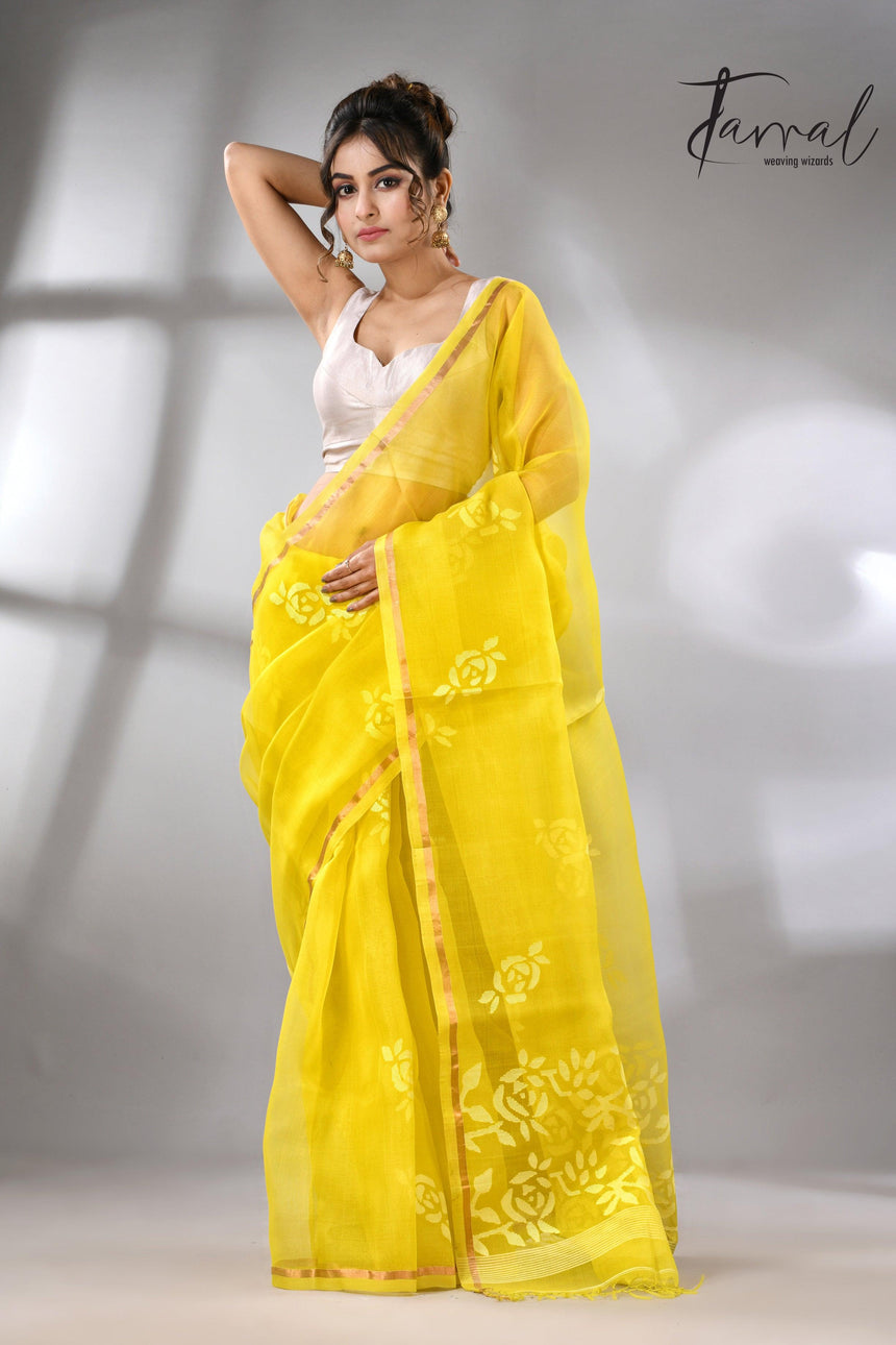 Lemon yellow with white rose motifs handwoven jamdani in muslin silk saree - Tamal Boutique