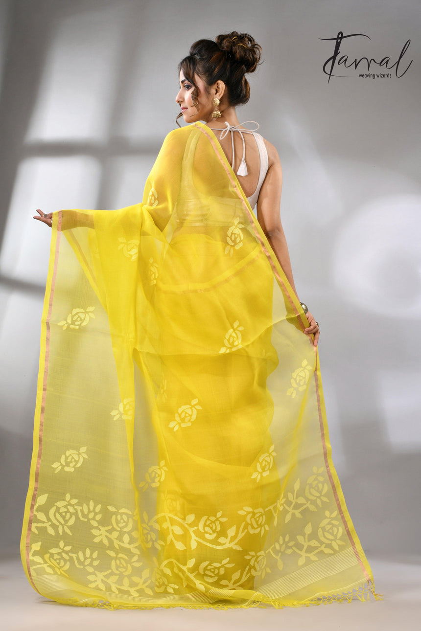 Lemon yellow with white rose motifs handwoven jamdani in muslin silk saree - Tamal Boutique
