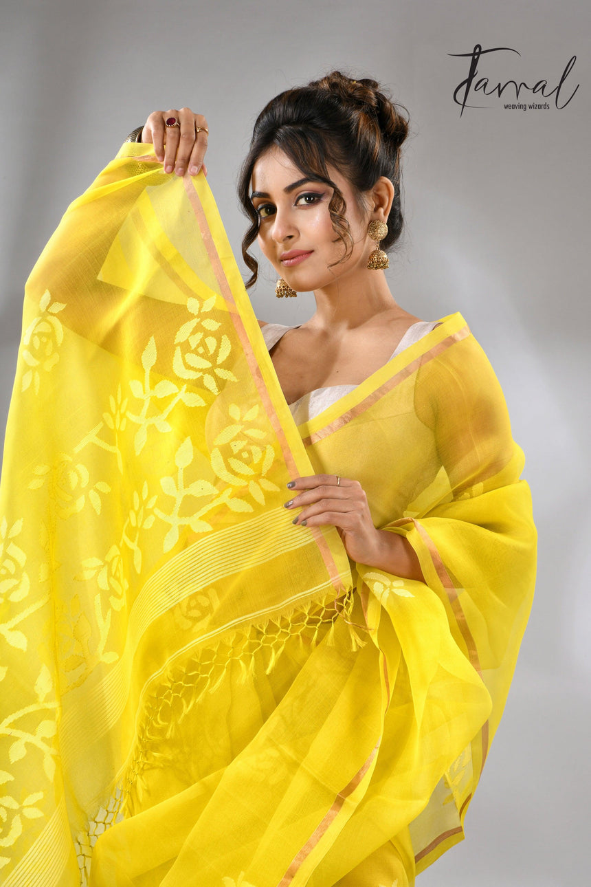 Lemon yellow with white rose motifs handwoven jamdani in muslin silk saree - Tamal Boutique