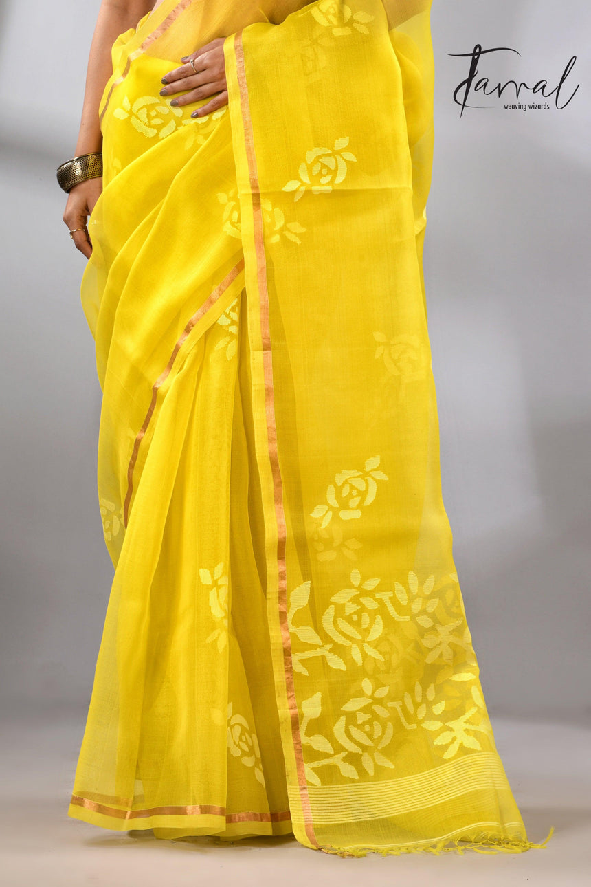 Lemon yellow with white rose motifs handwoven jamdani in muslin silk saree - Tamal Boutique