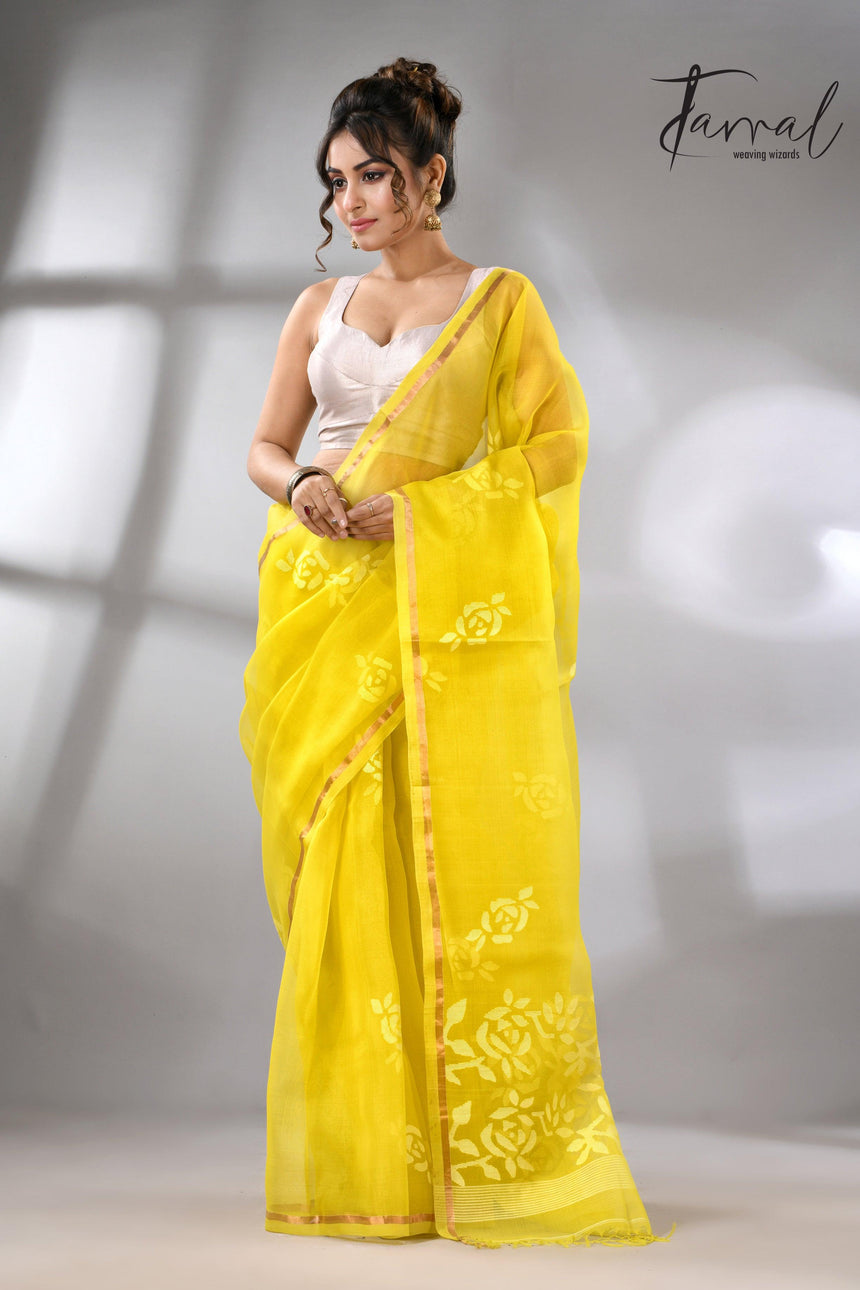 Lemon yellow with white rose motifs handwoven jamdani in muslin silk saree - Tamal Boutique