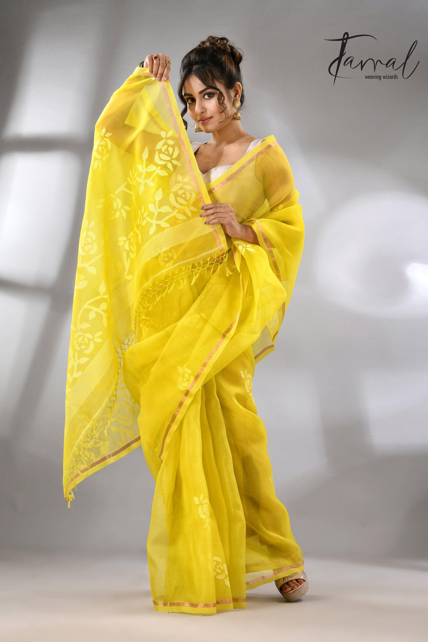 Lemon yellow with white rose motifs handwoven jamdani in muslin silk saree - Tamal Boutique