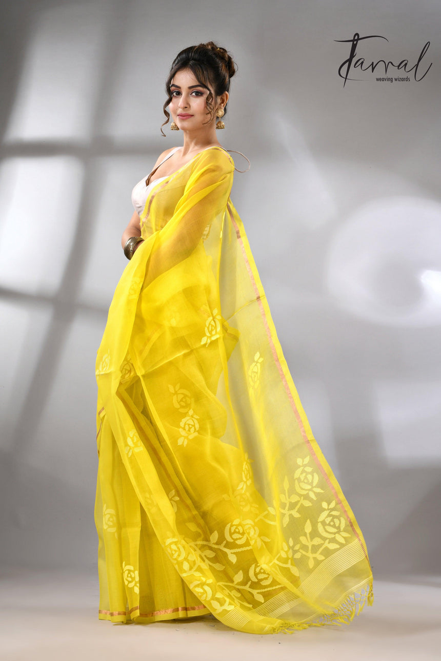 Lemon yellow with white rose motifs handwoven jamdani in muslin silk saree - Tamal Boutique
