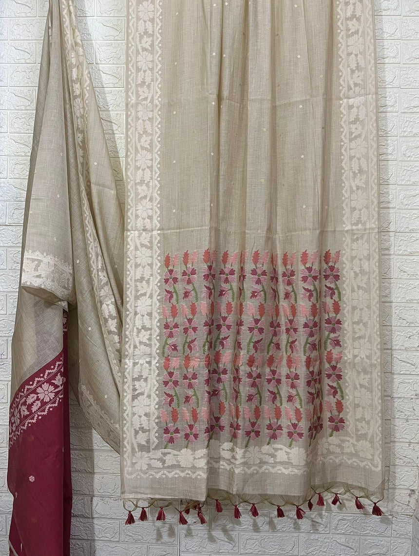 Light Beige with multiple pallu silk cotton handloom jamdani saree - Tamal Boutique
