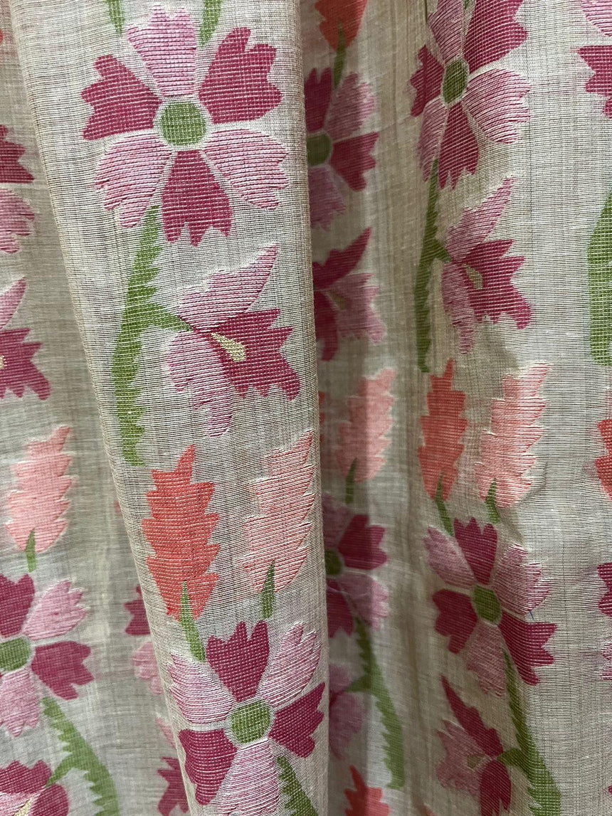 Light Beige with multiple pallu silk cotton handloom jamdani saree - Tamal Boutique