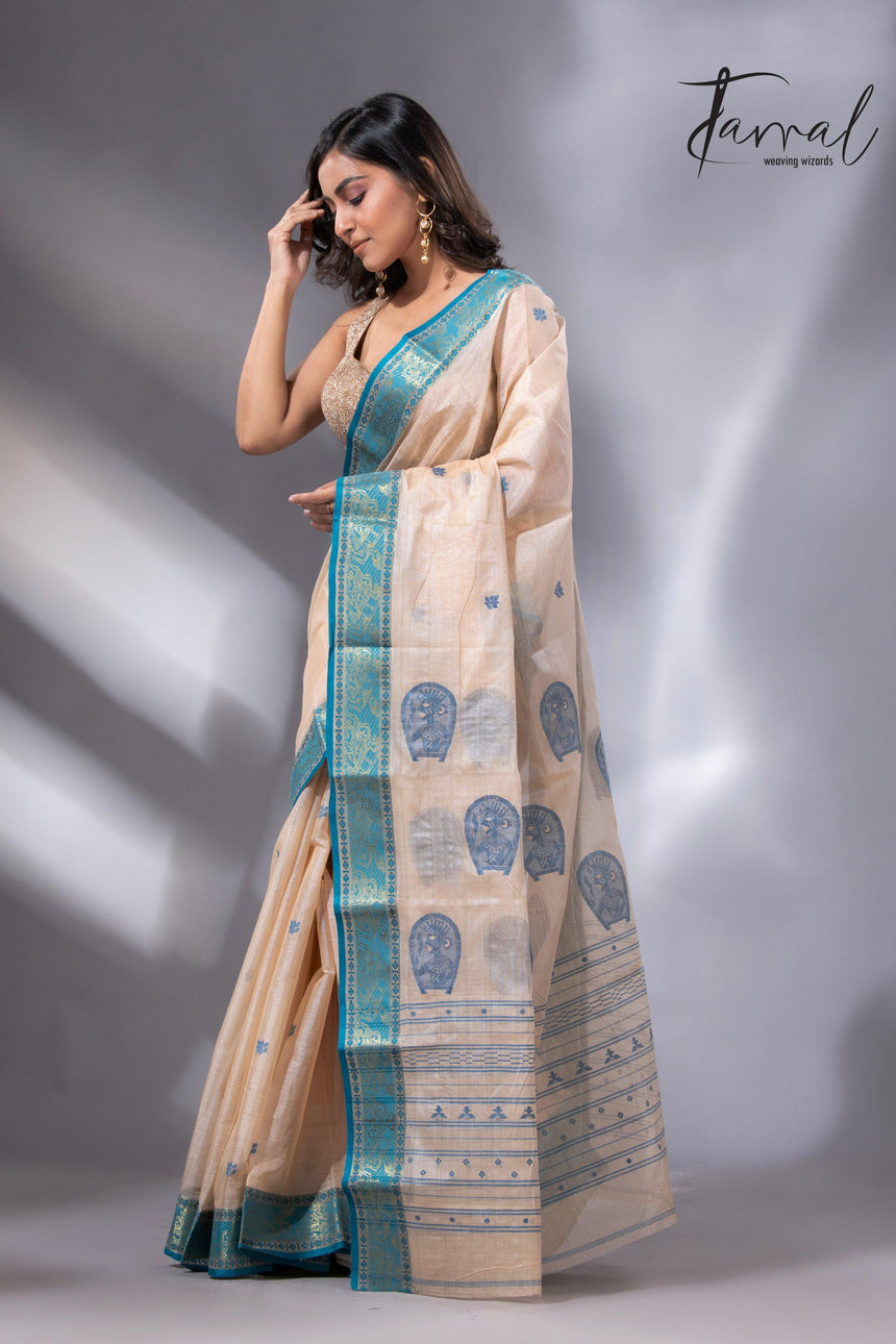Light Cream Tangail Tussar Handloom Saree with Firoza