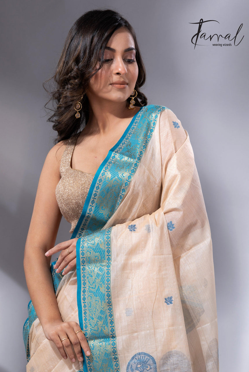 Light Cream Tangail Tussar Handloom Saree with Firoza1