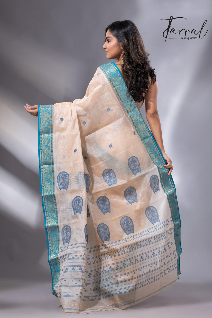 Light Cream Tangail Tussar Handloom Saree with Firoza back