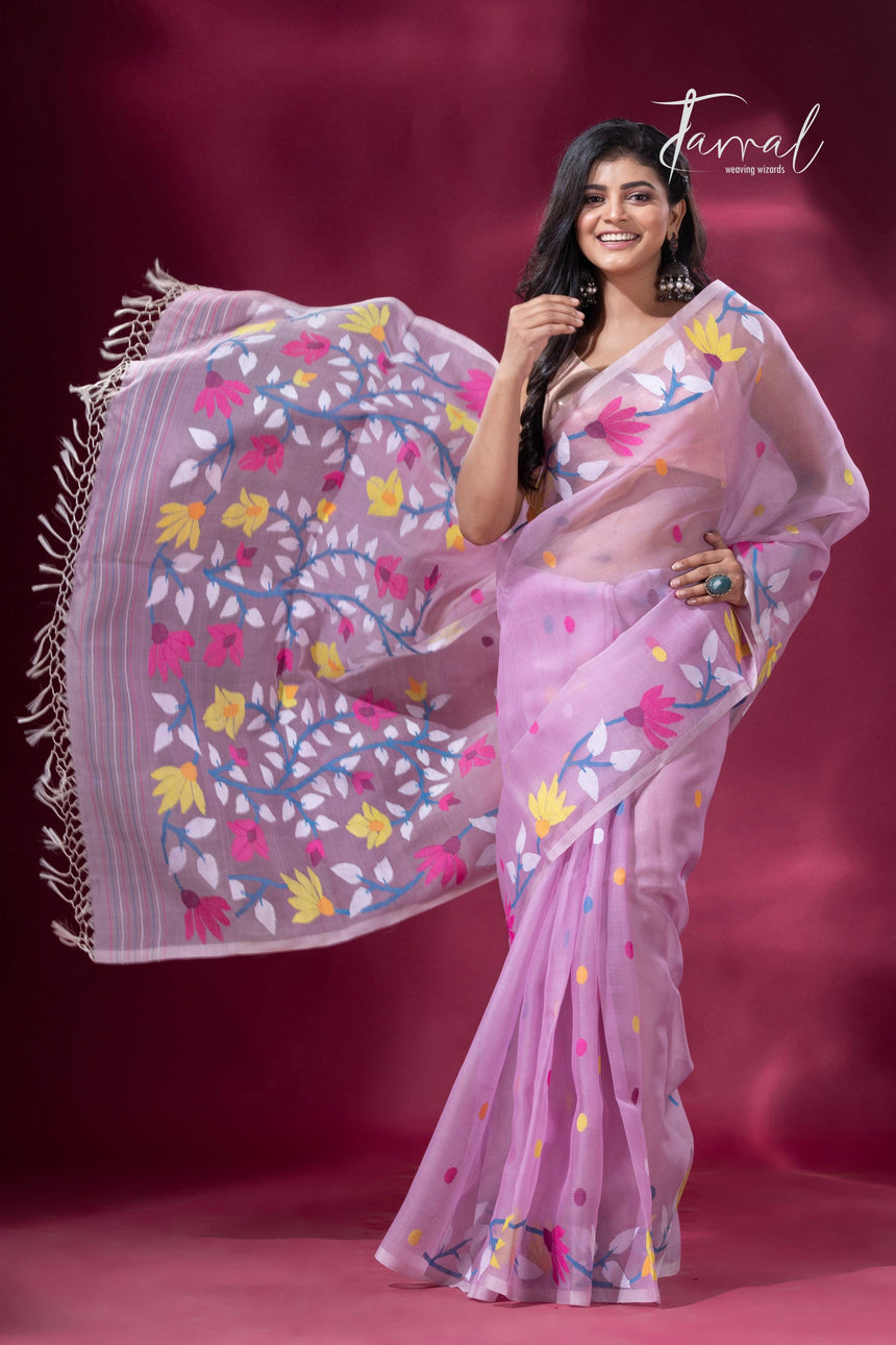 Light Pink floral motifs handwoven muslin silk jamdani saree