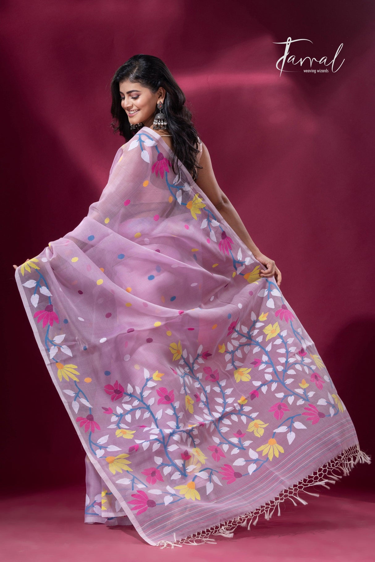 Light Pink floral motifs handwoven muslin silk jamdani saree back