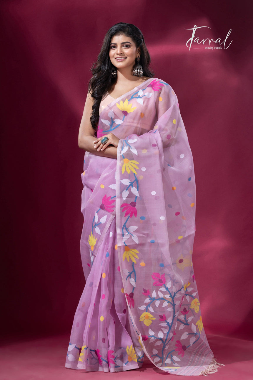 Light Pink floral motifs handwoven muslin silk jamdani saree full