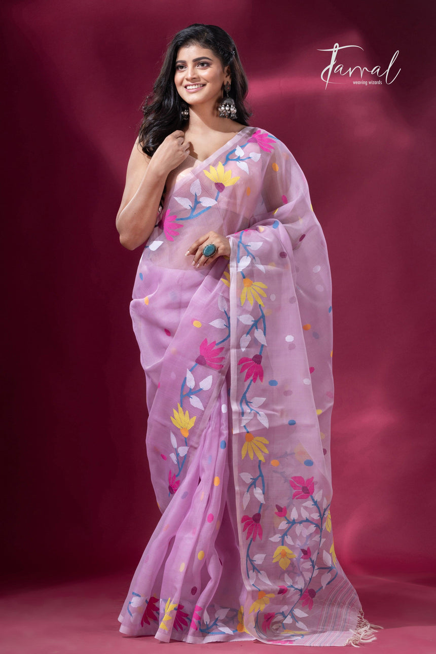 Light Pink floral motifs handwoven muslin silk jamdani saree full1