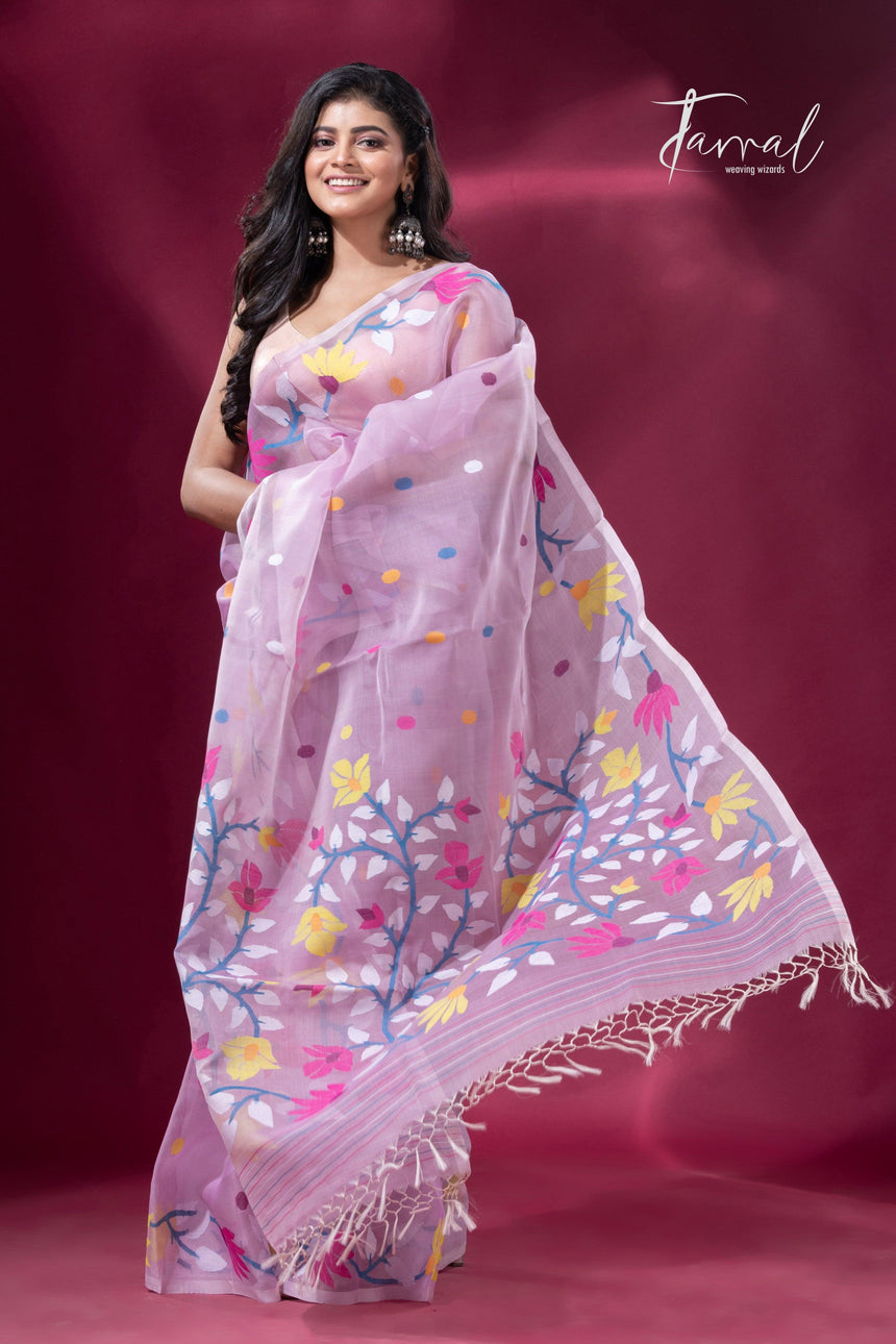 Light Pink floral motifs handwoven muslin silk jamdani saree left