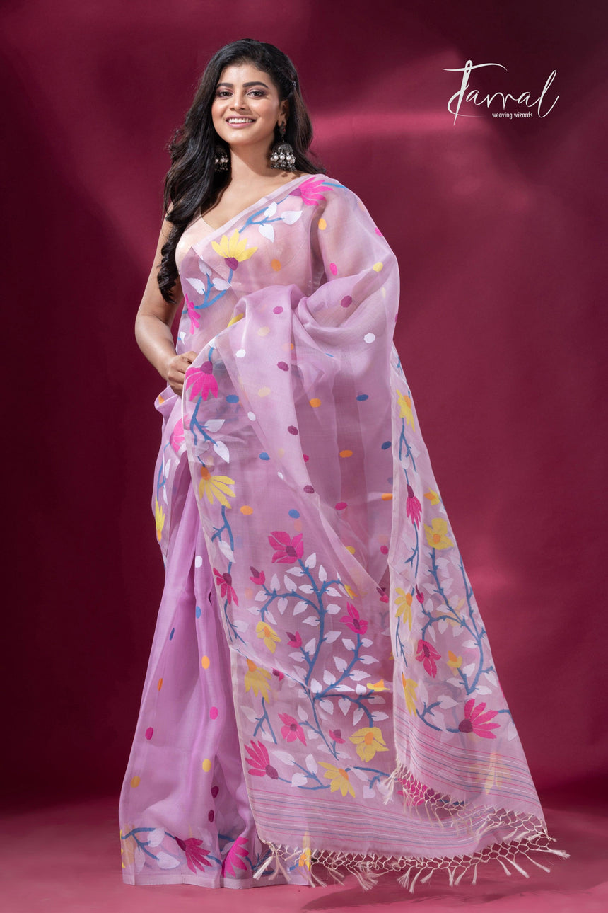 Light Pink floral motifs handwoven muslin silk jamdani saree right