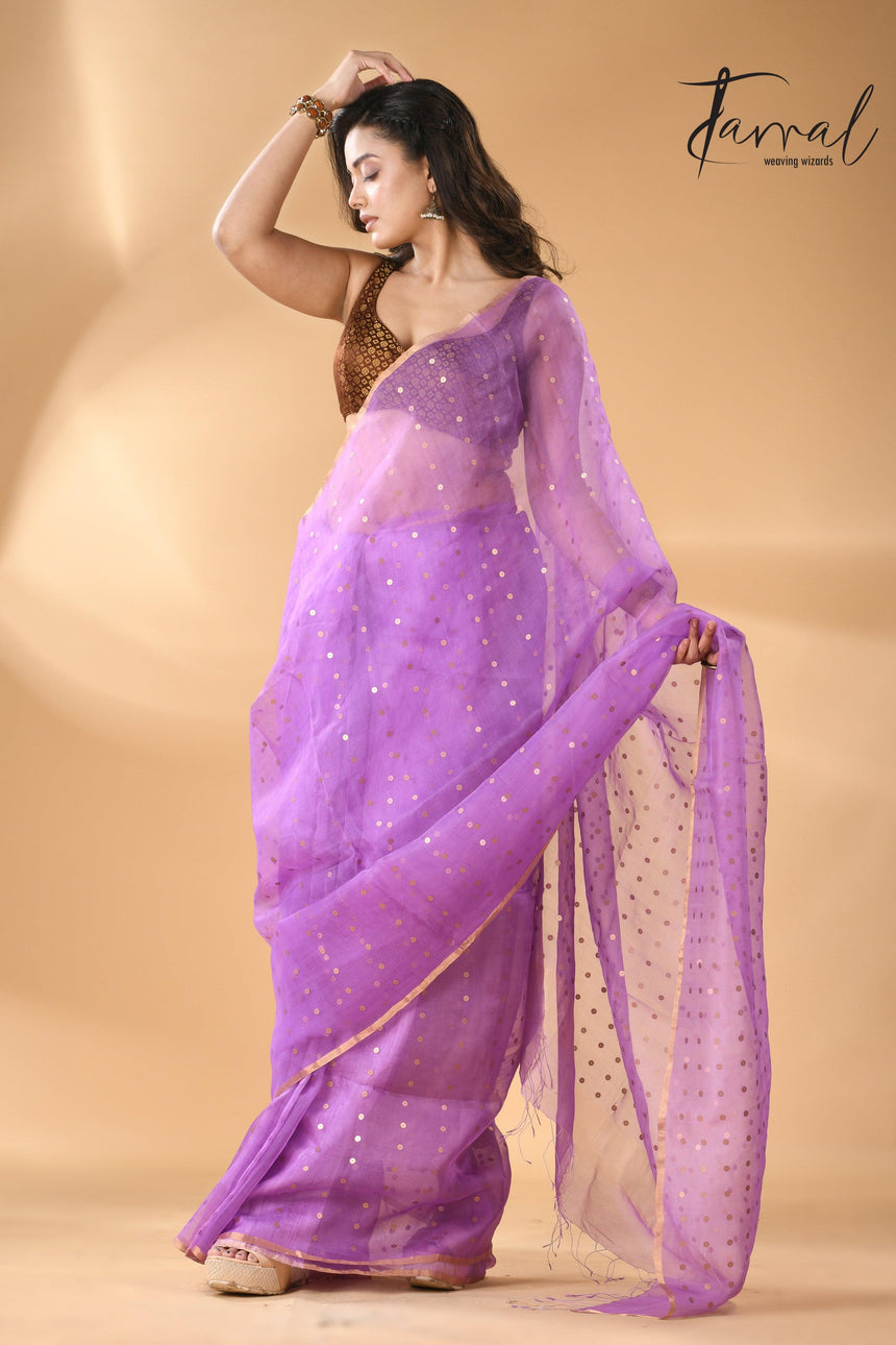 Light Purple With Zari Sequins Muslin Silk Handwoven Jamdani Saree