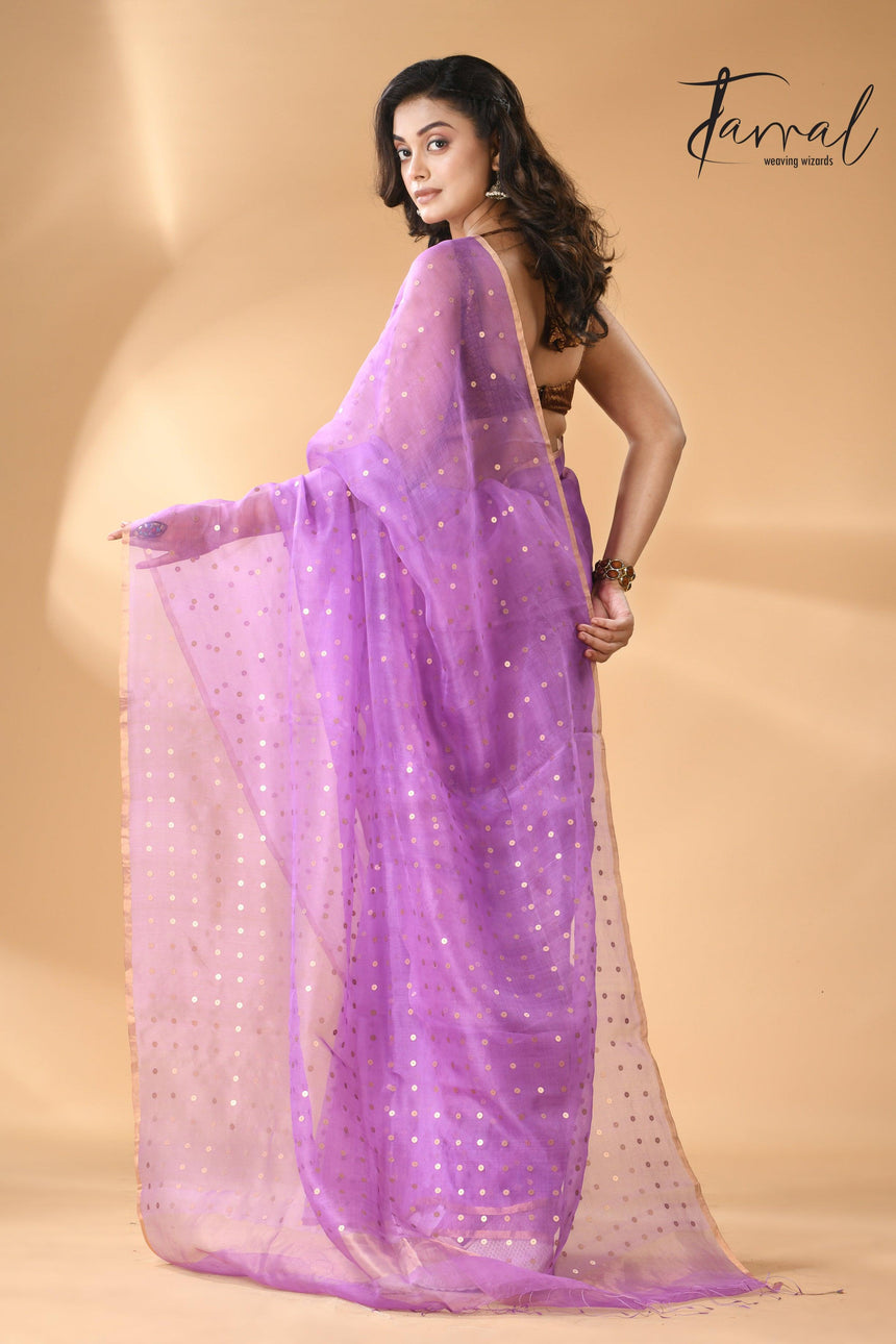 Light Purple With Zari Sequins Muslin Silk Handwoven Jamdani Saree back