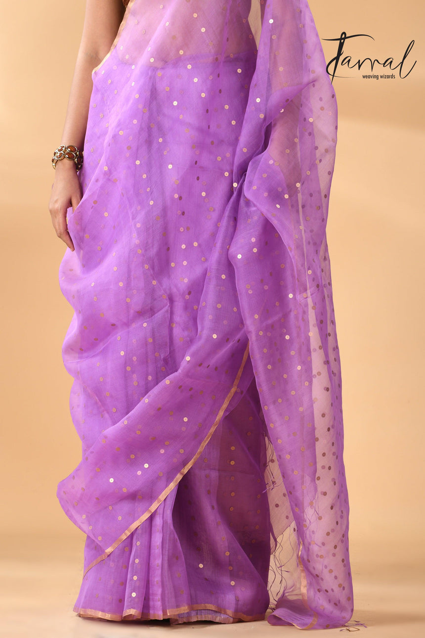 Light Purple With Zari Sequins Muslin Silk Handwoven Jamdani Saree bottom