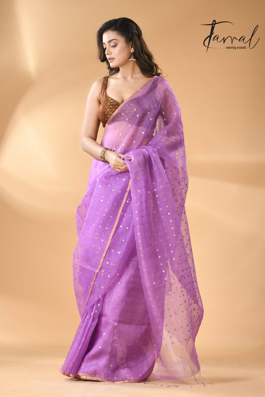 Light Purple With Zari Sequins Muslin Silk Handwoven Jamdani Saree full2