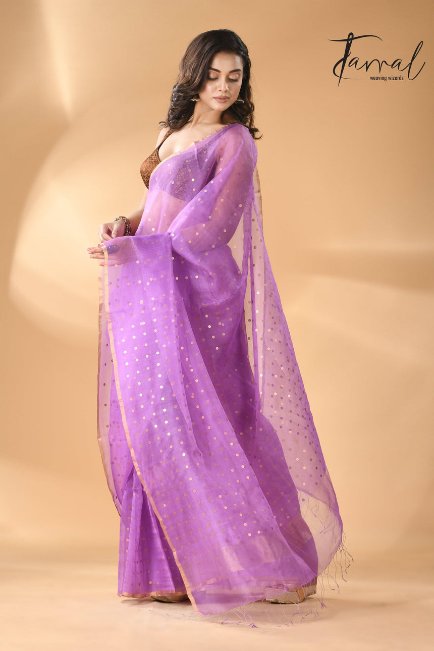 Light Purple With Zari Sequins Muslin Silk Handwoven Jamdani Saree right2