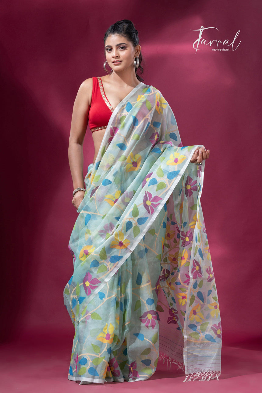 Light Sea Green Floral Delight allover Handwoven Jamdani Saree3