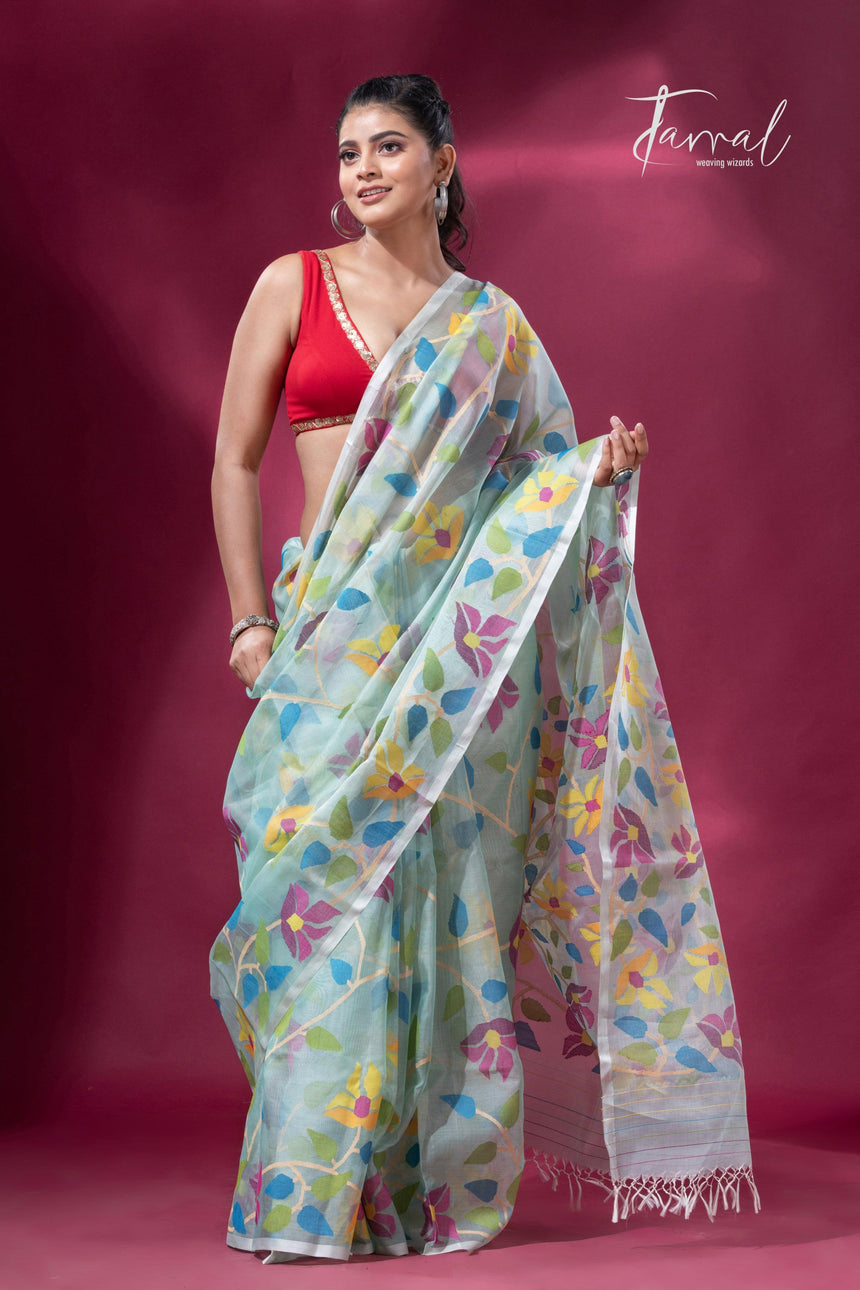 Light Sea Green Floral Delight allover Handwoven Jamdani Saree4