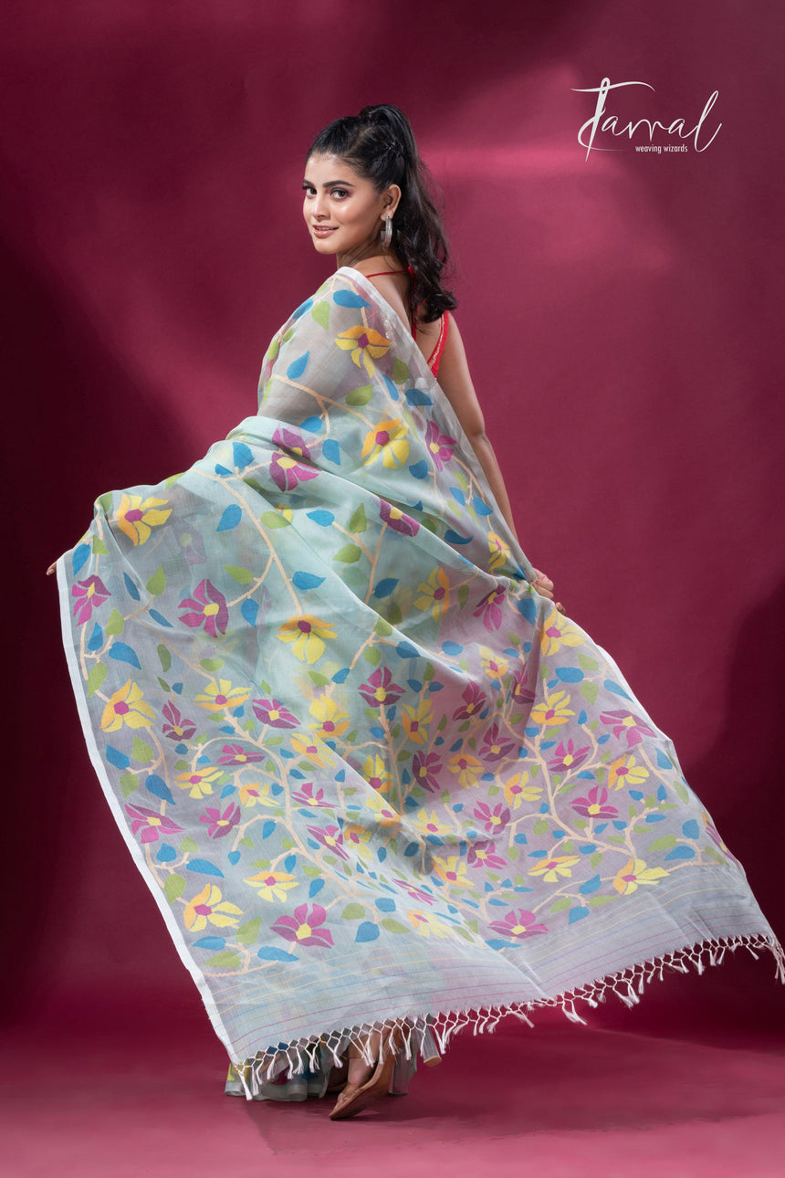 Light Sea Green Floral Delight allover Handwoven Jamdani Saree6
