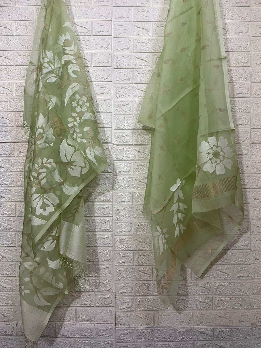 Light apple green with white allover floral handwoven muslin silk Kurti & Dupatta set - Tamal Boutique