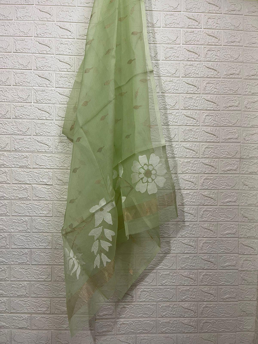 Light apple green with white allover floral handwoven muslin silk Kurti & Dupatta set - Tamal Boutique