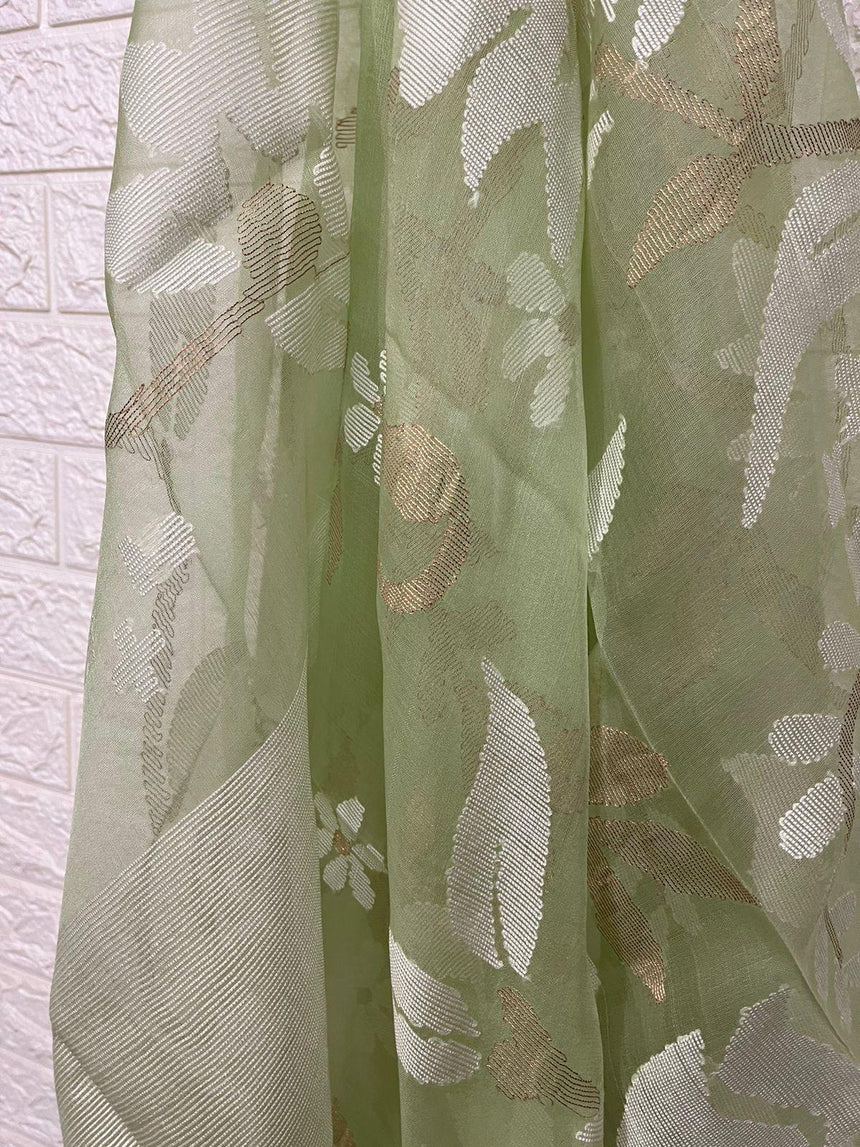 Light apple green with white allover floral handwoven muslin silk Kurti & Dupatta set - Tamal Boutique