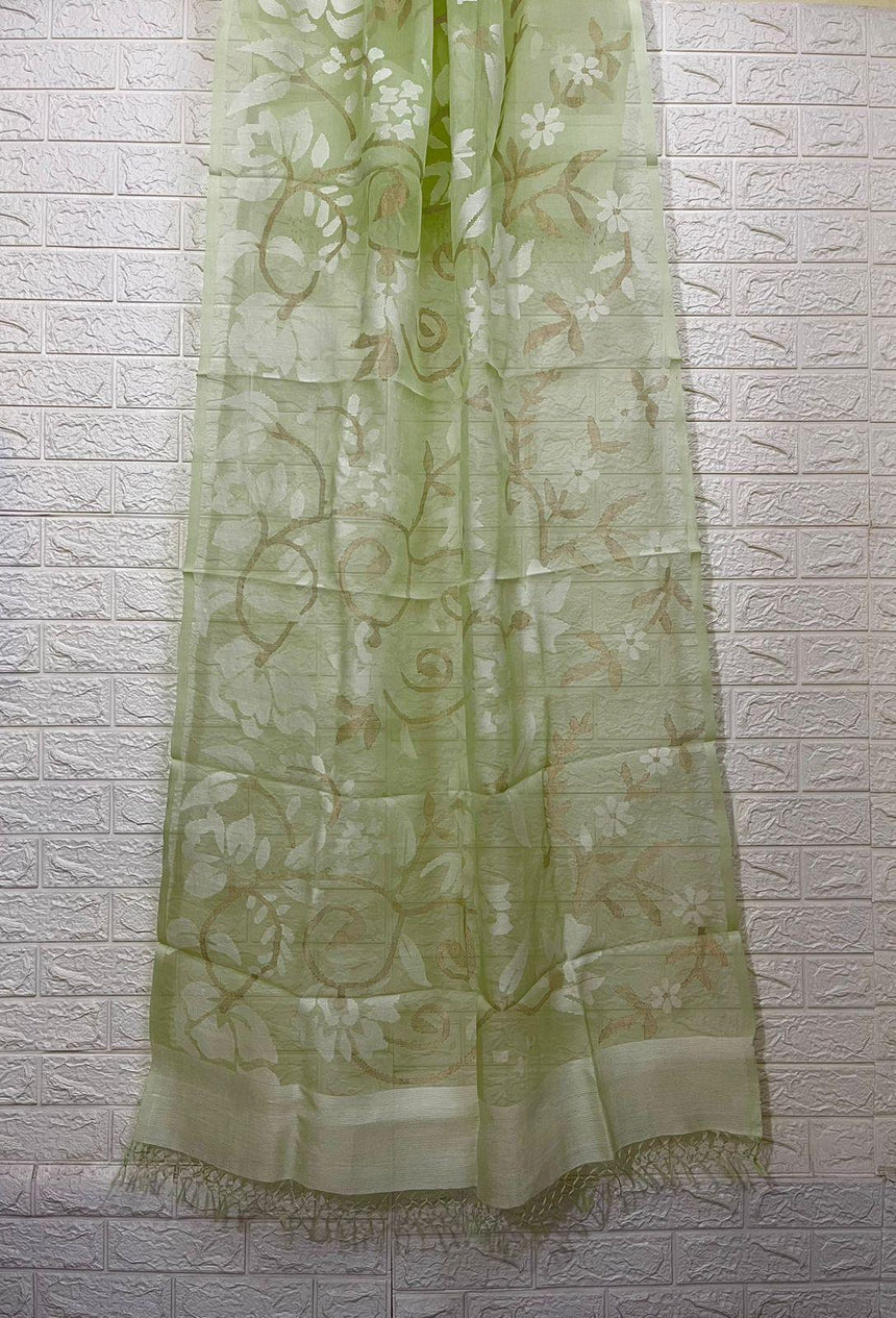 Light apple green with white allover floral handwoven muslin silk Kurti & Dupatta set - Tamal Boutique