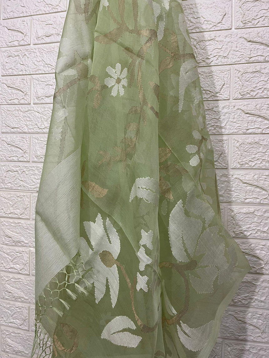 Light apple green with white allover floral handwoven muslin silk Kurti & Dupatta set - Tamal Boutique