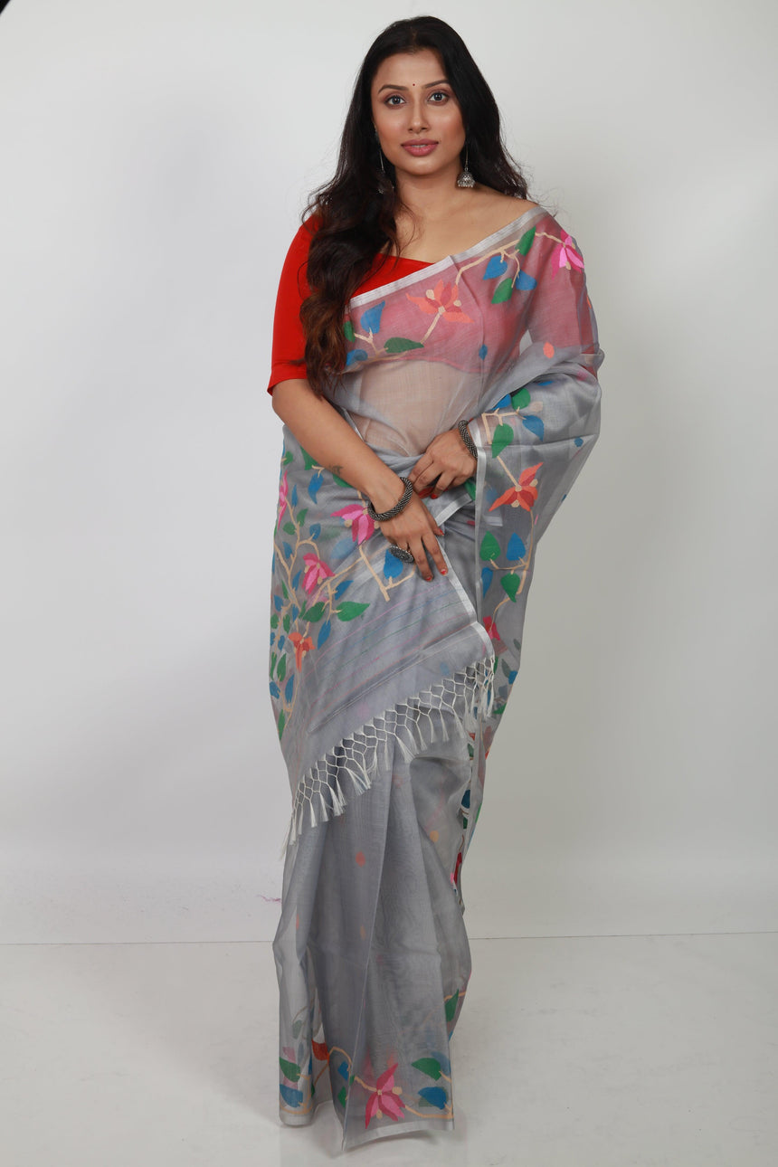 Light ash with multicolour muslin silk handwoven jamdani saree with blouse piece - Tamal Boutique