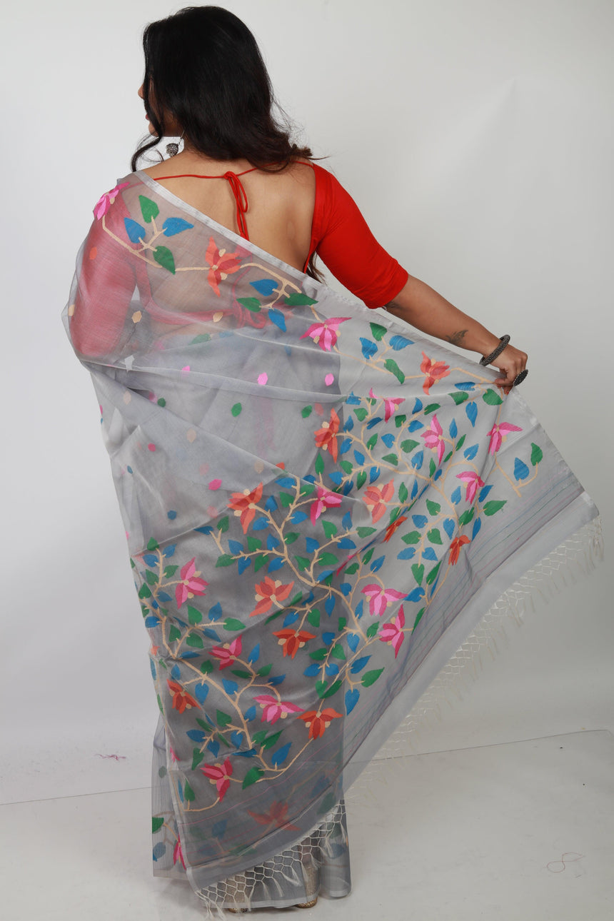 Light ash with multicolour muslin silk handwoven jamdani saree with blouse piece - Tamal Boutique