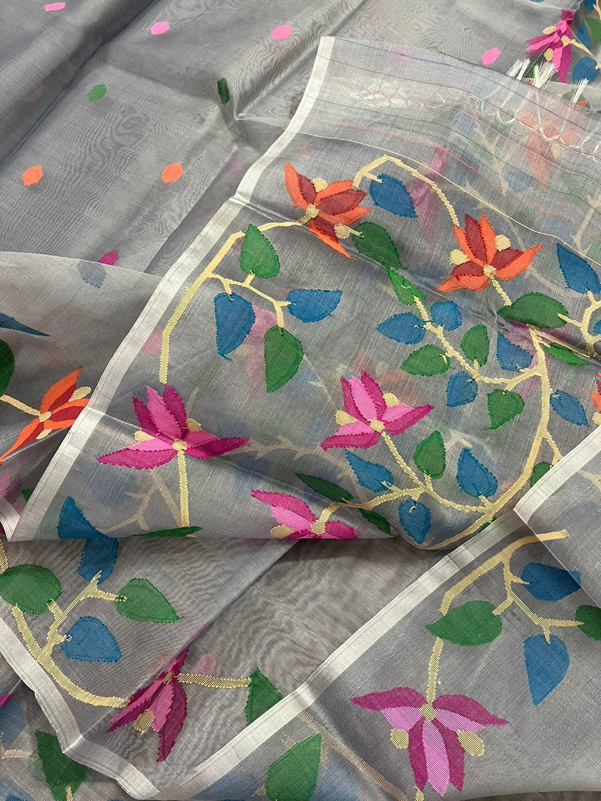 Light ash with multicolour muslin silk handwoven jamdani saree with blouse piece - Tamal Boutique