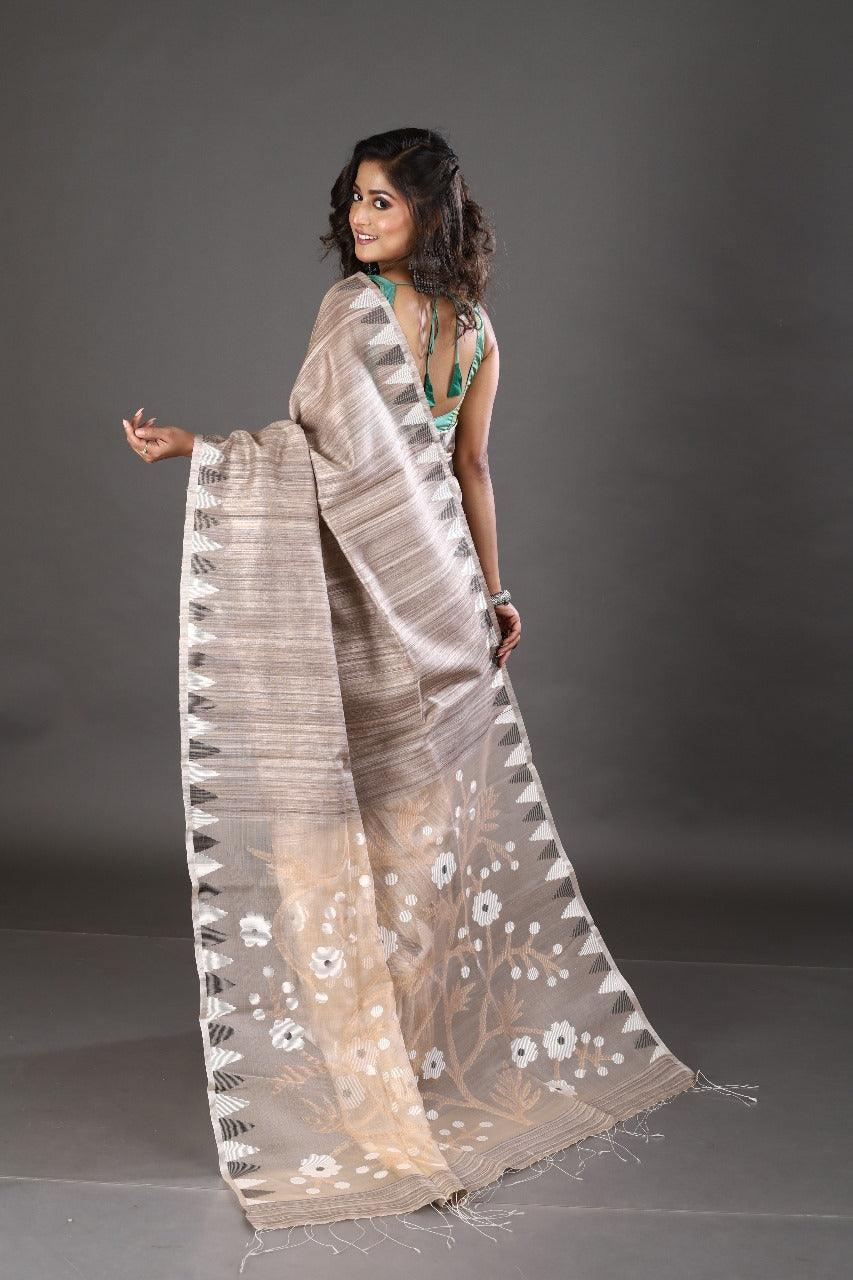 Light ash colour black & white temple border matka silk handwoven jamdani saree - Tamal Boutique