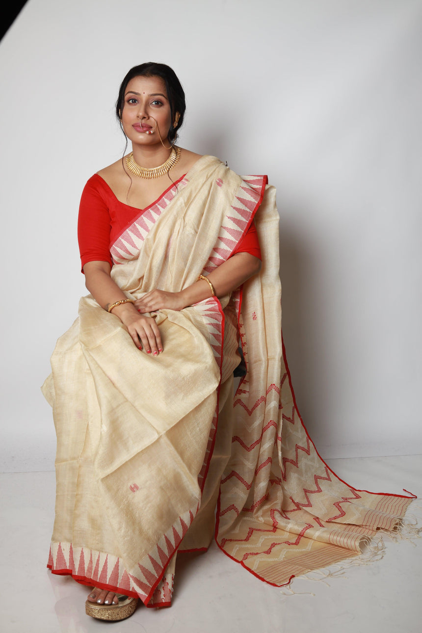 Light beige with red colour Tussar silk cut shuttle design handwoven jamdani saree - Tamal Boutique
