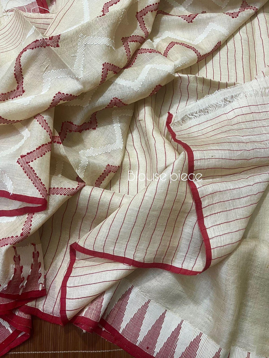 Light beige with red colour Tussar silk cut shuttle design handwoven jamdani saree - Tamal Boutique