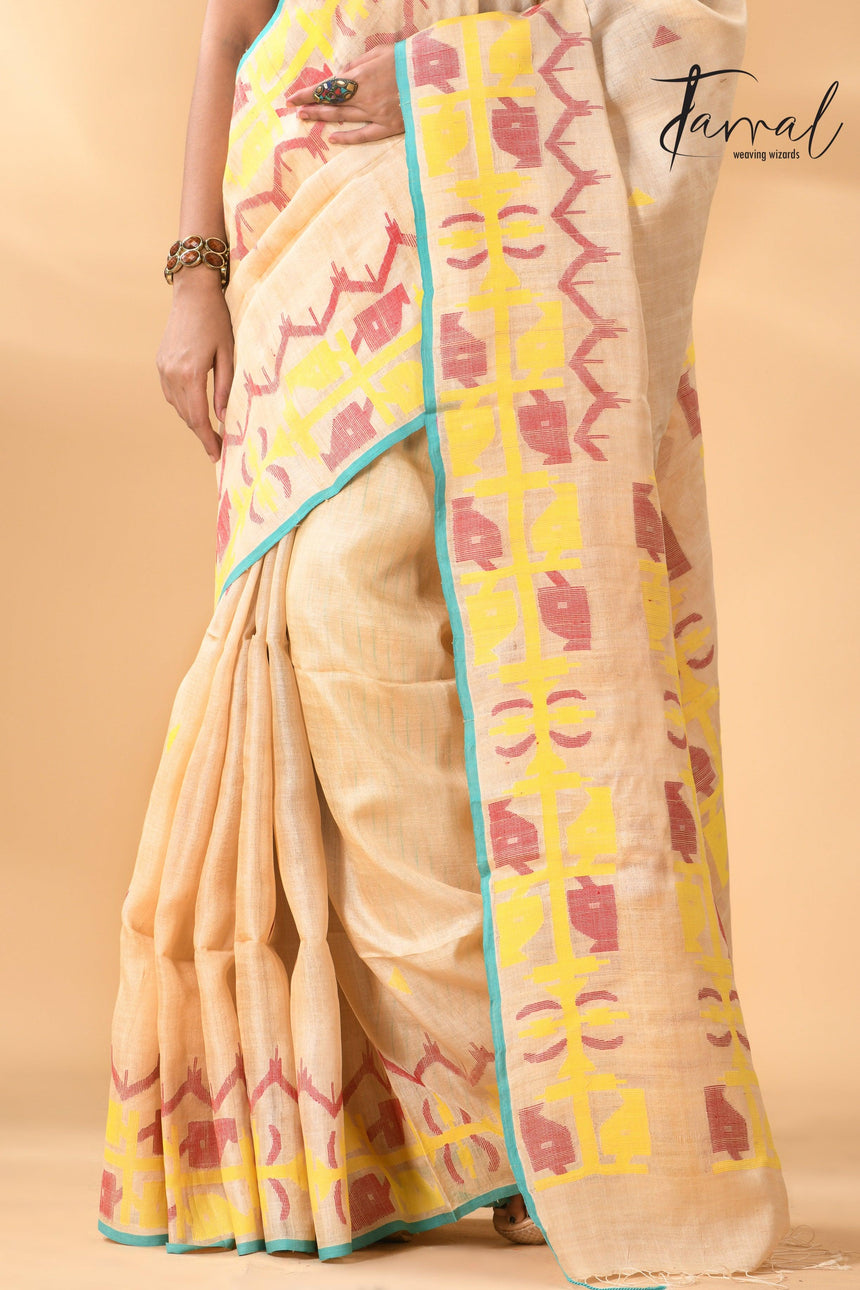 Light beige pure Tussar silk handwoven jamdani saree bottom