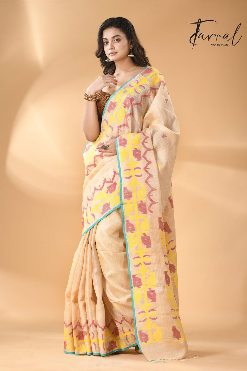 Light beige pure Tussar silk handwoven jamdani saree full