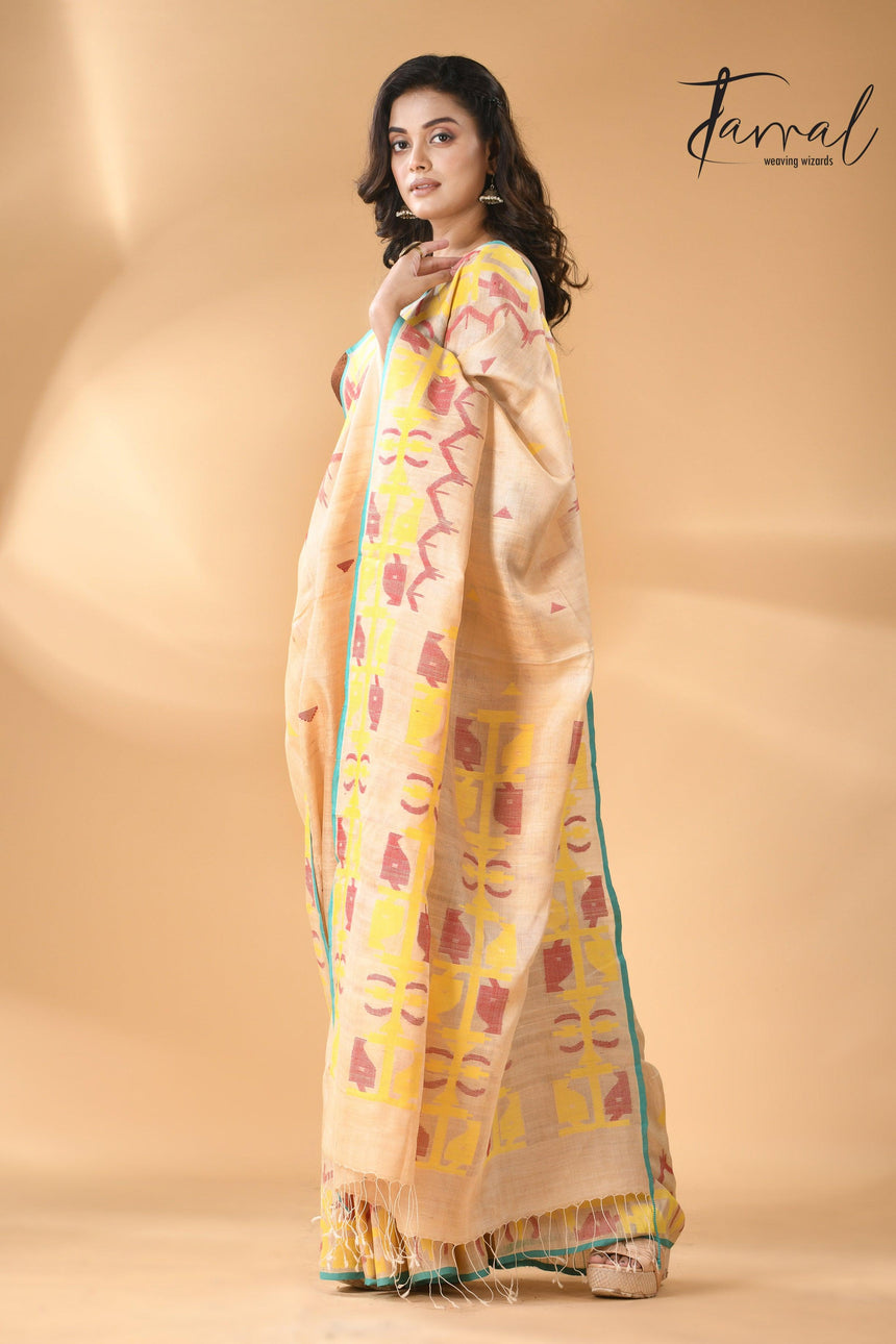 Light beige pure Tussar silk handwoven jamdani saree left